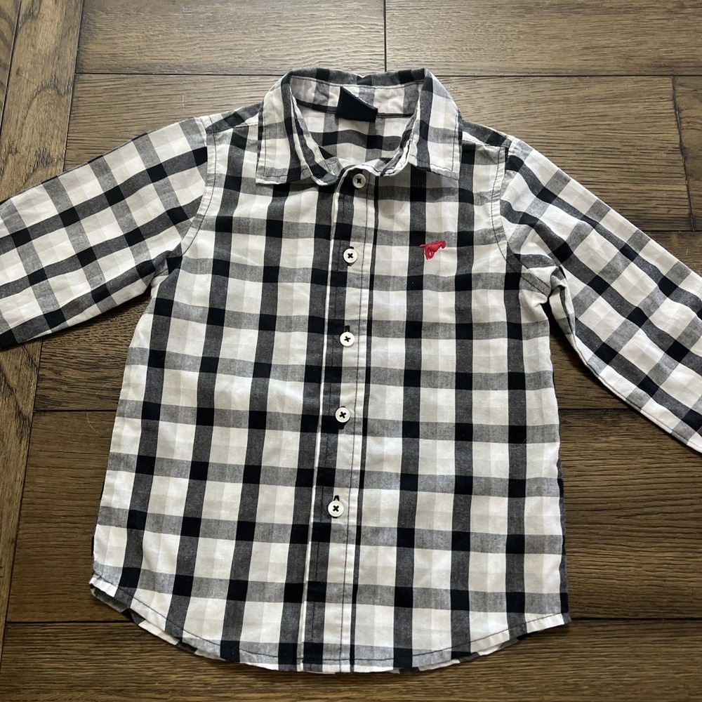 Wrangler Button Up Dress Shirt Boys Size 3T Black White Plaid Long Sleeve Collar
